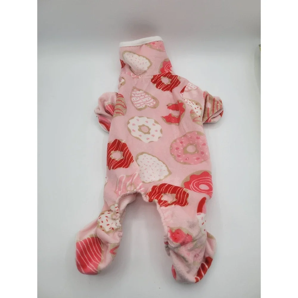 Berkshire Blanket Pink Donut Heart Fleece Dog Pajamas XS Snap Closure PJs‎